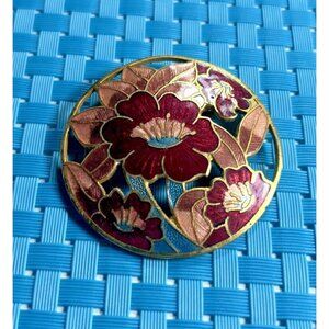 Amit Red Hibiscus Flower Cloisonne Enamel Gold Tone Brooch Vintage Pin 2” Round